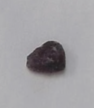 Image of a small, irregularly shaped purple rock, resembling a rough gemstone. The rock's surface is uneven with a matte texture, and it varies in shades of dark purple. The background is plain white, which contrasts with the rock's dark color and highlights its unique shape and texture.